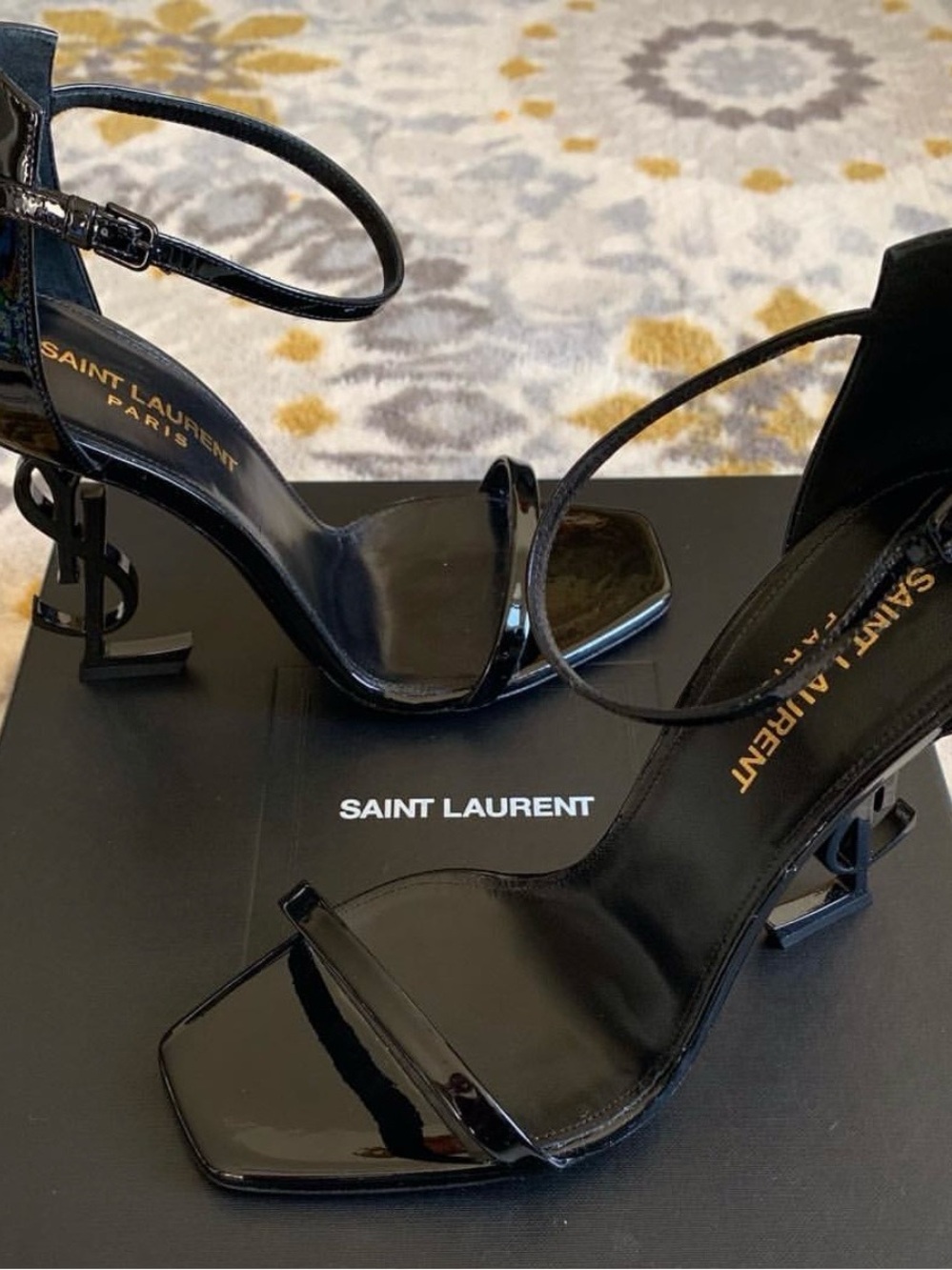 Saint Laurent Black Patent Leather Logo-Heel Strappy Sandals